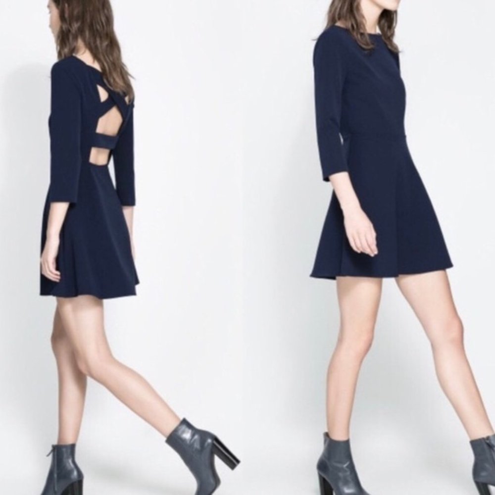 Zara Navy Blue Crossover Back Mini Skater Dress